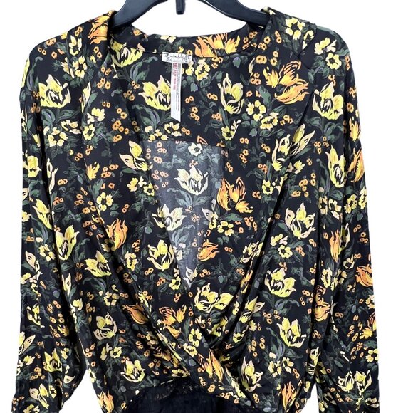 Free People Bodysuit Womens S Black Yellow Floral Intimately Elsa Wrap Plunging - Picture 4 of 16